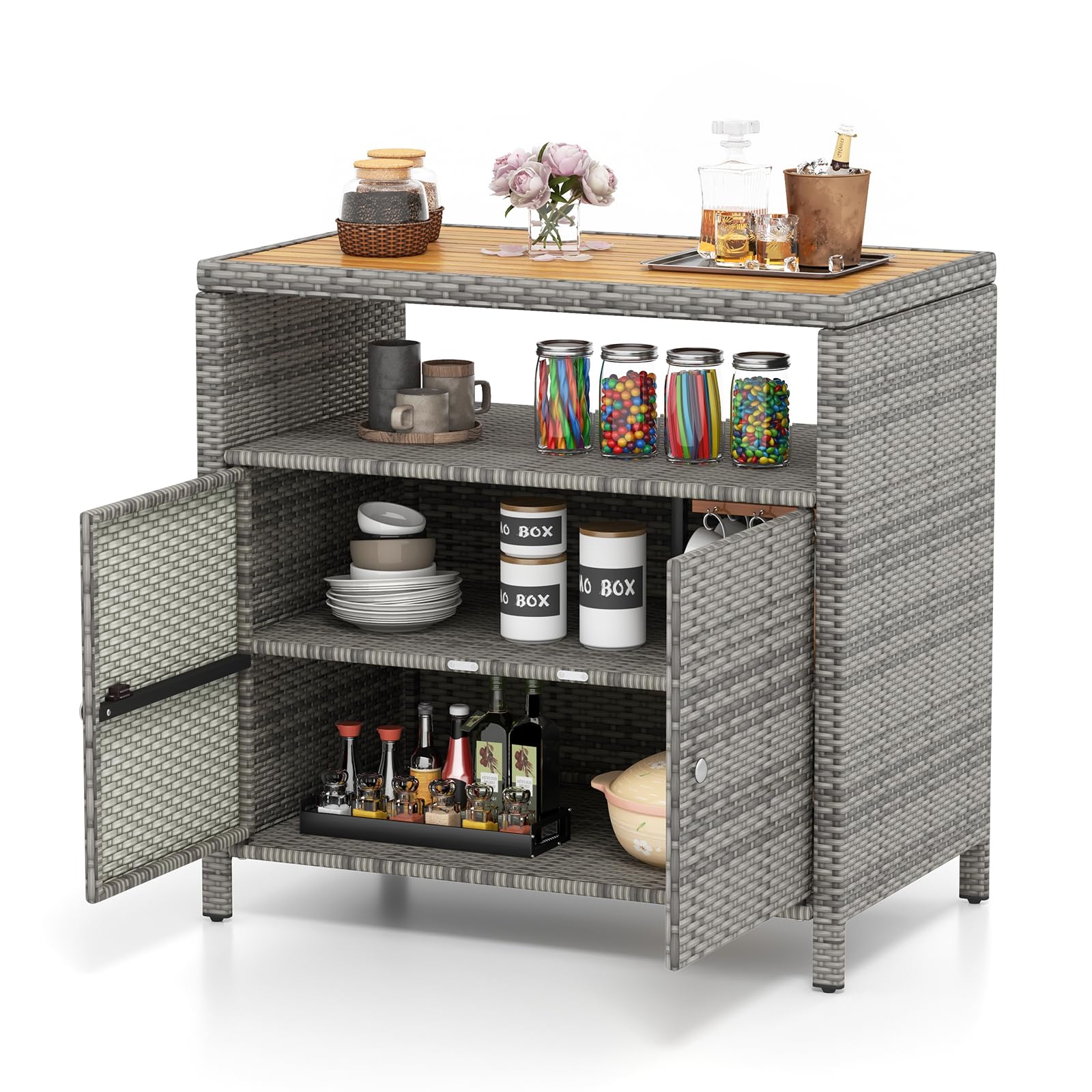 Tangkula Rattan Storage Cabinet, Outdoor Patiojoy Buffet Cabinet with Acacia Wood Countertop, Open Compartment & Enclosed Cabinet, 2-Door Wicker Sideboard, Storage Organizer for Poolside (Mix Grey)