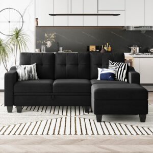 Belffin Velvet Sectional Couch with Storage, L Shaped Sofa with Chaise for Small Space, Black