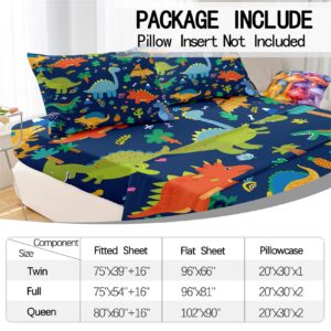 Dinosaur Sheet Set Twin - 3Pcs Boys Dinosaur Twin Size Bedding Set Blue Cartoon Dinosaur Bed Sheet with 1 Fitted Sheet & 1 Flat Sheet + 1 Pillowcase Toddler Bed Sheets for Boys Kids Bedroom Set