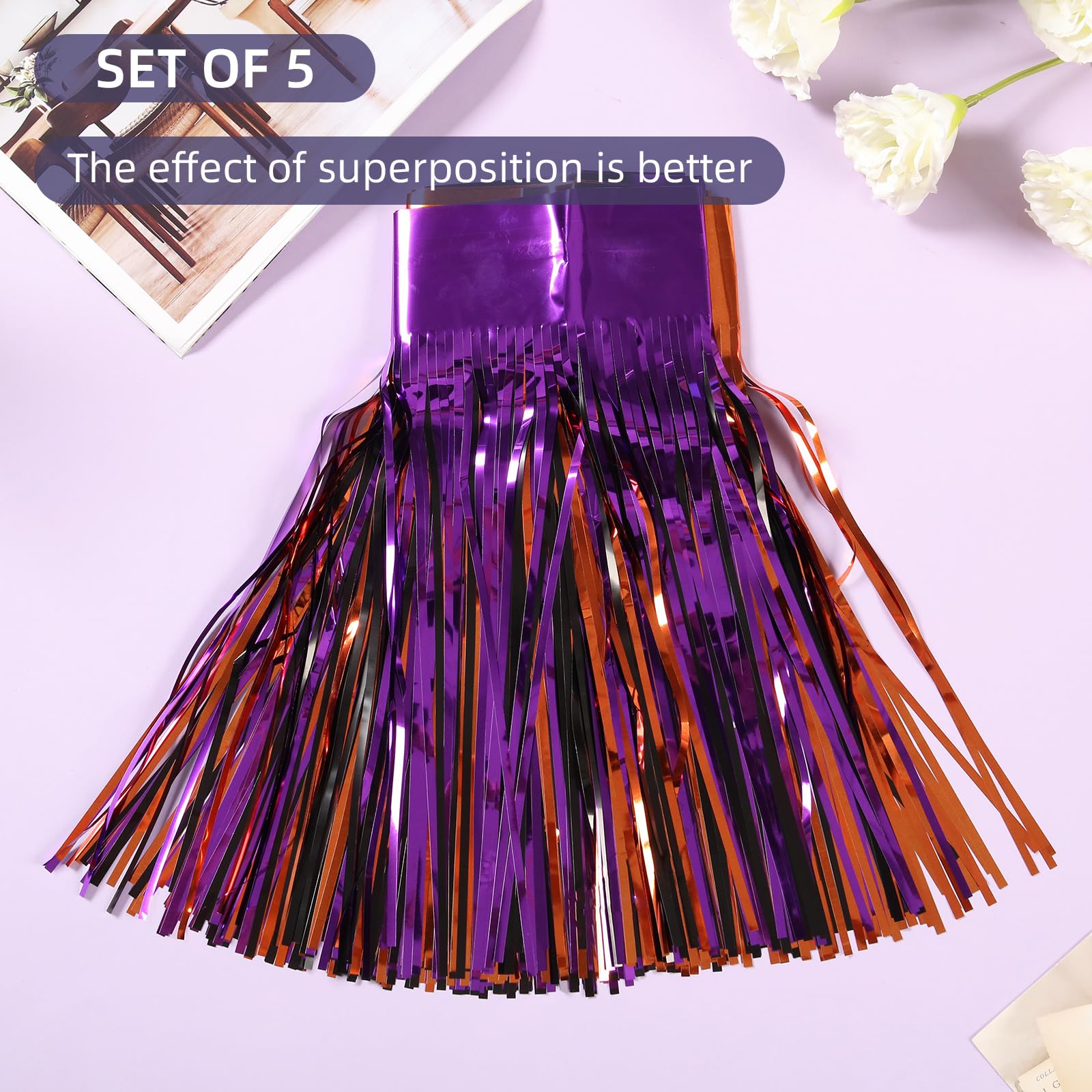 Ohiyoo 5 Pack 10 Feet Halloween Foil Fringe Garland Orange Black Purple Fringe Garland Metallic Tinsel Streamers Fringe Backdrop Banner for Halloween Parade Floats Halloween Party Decoration