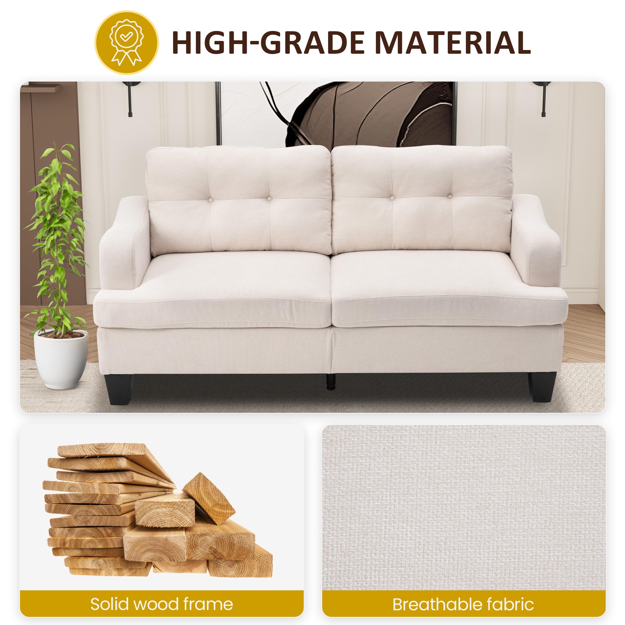 RoyalCraft Modular Sectional Sofa, Memory Foam, Button Tufted Designed, 3 Seats Sofa Couch for Living Room, Beige Velvet