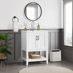 Yaheetech 24" Modern Bathroom Vanity with Sink, Bathroom Sink Cabinet with Rectangular Ceramic Basin, Bathroom Vanities Cabinet with 2 Doors and 1 Open Shelf, White