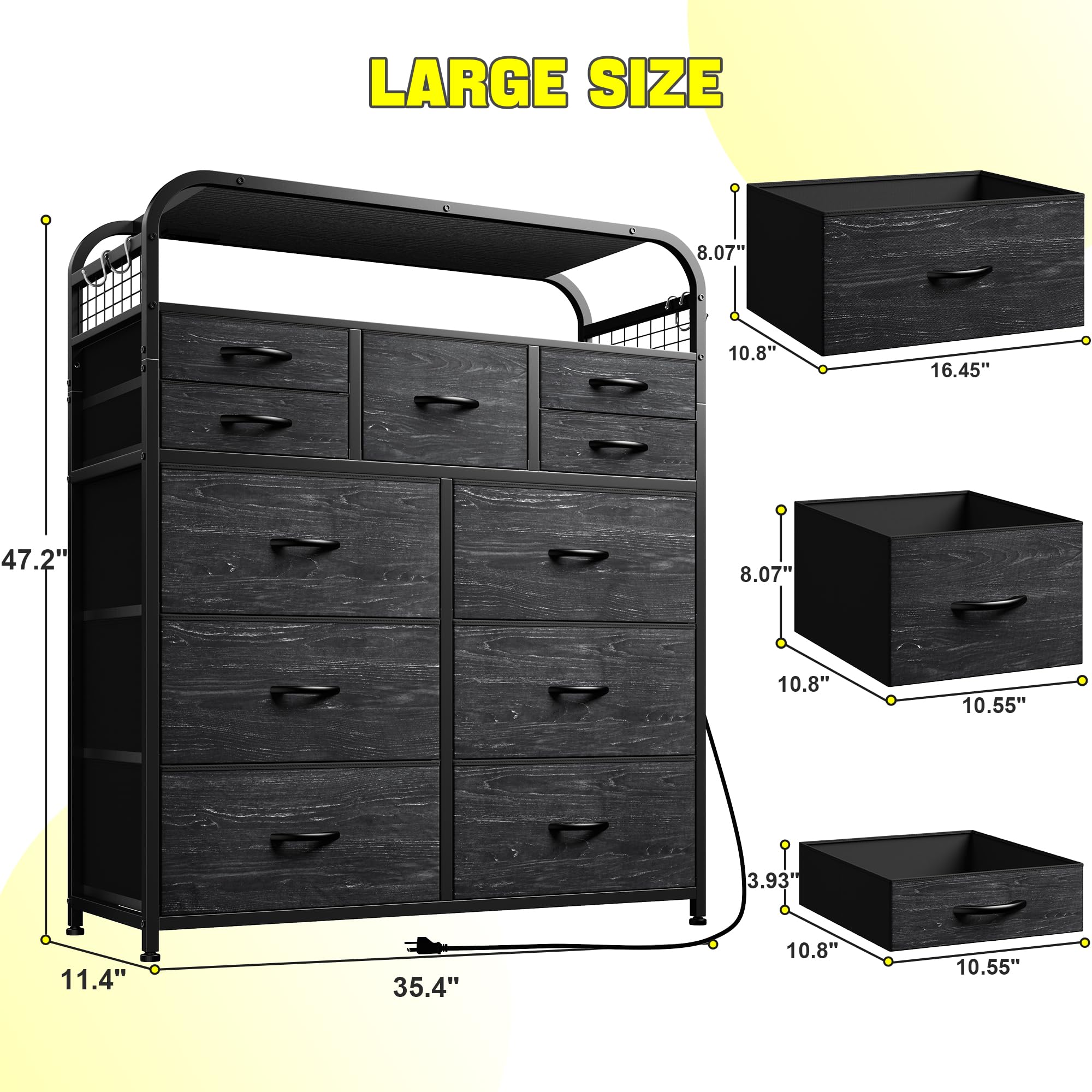 EnHomee Black Dresser with LED Lights & Charging Station, Dresser for Bedroom with 2 Tier Shelves & 4 Hooks, 11 Drawers Dresser, Closet, Living Room, Entryway,Sturdy Frame,Wooden Top