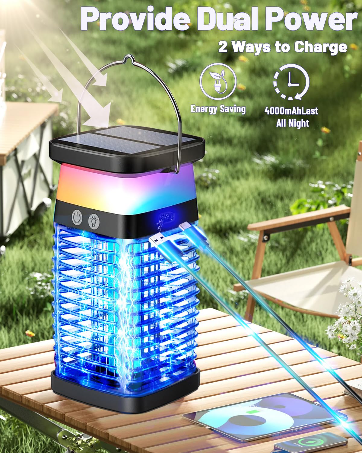 Solar Bug Zapper Outdoor Indoor, 3 in 1 Portable Electric Mosquito Zapper, Waterproof Plug in with RGB Light & Reading Lamp, Rechargeable Fly Zapper Insect Trap for Patio Camping Home Backyard