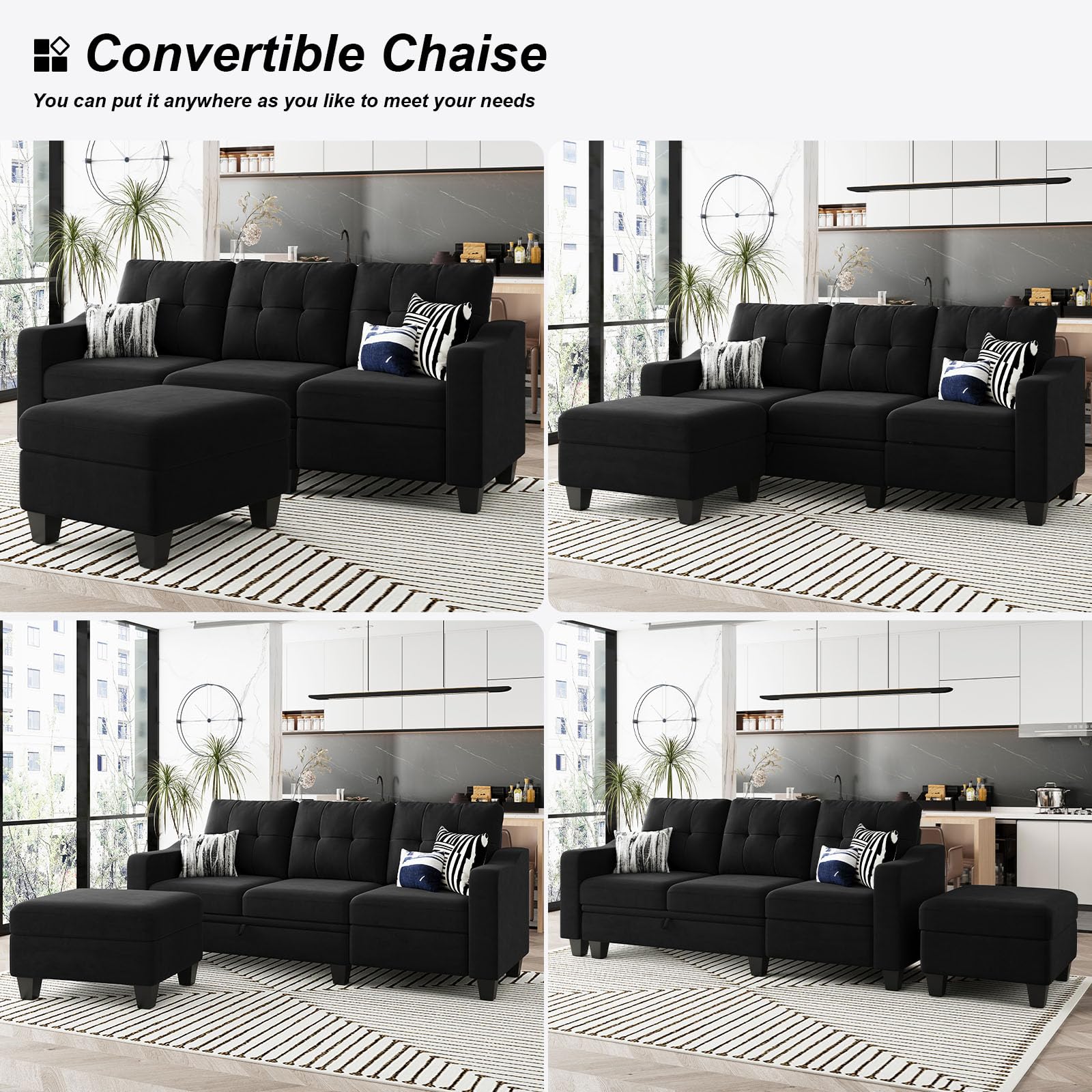 Belffin Velvet Sectional Couch with Storage, L Shaped Sofa with Chaise for Small Space, Black