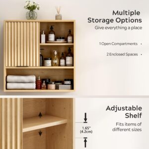 EYYTHUNG Fluted Wall Cabinet Bathroom, Modern Medicine Cabinet with Sliding Door Adjustable Shelf Wood Storage Cabinet Wall Mounted for Kitchen Dining Room Living Room, Natural Oak