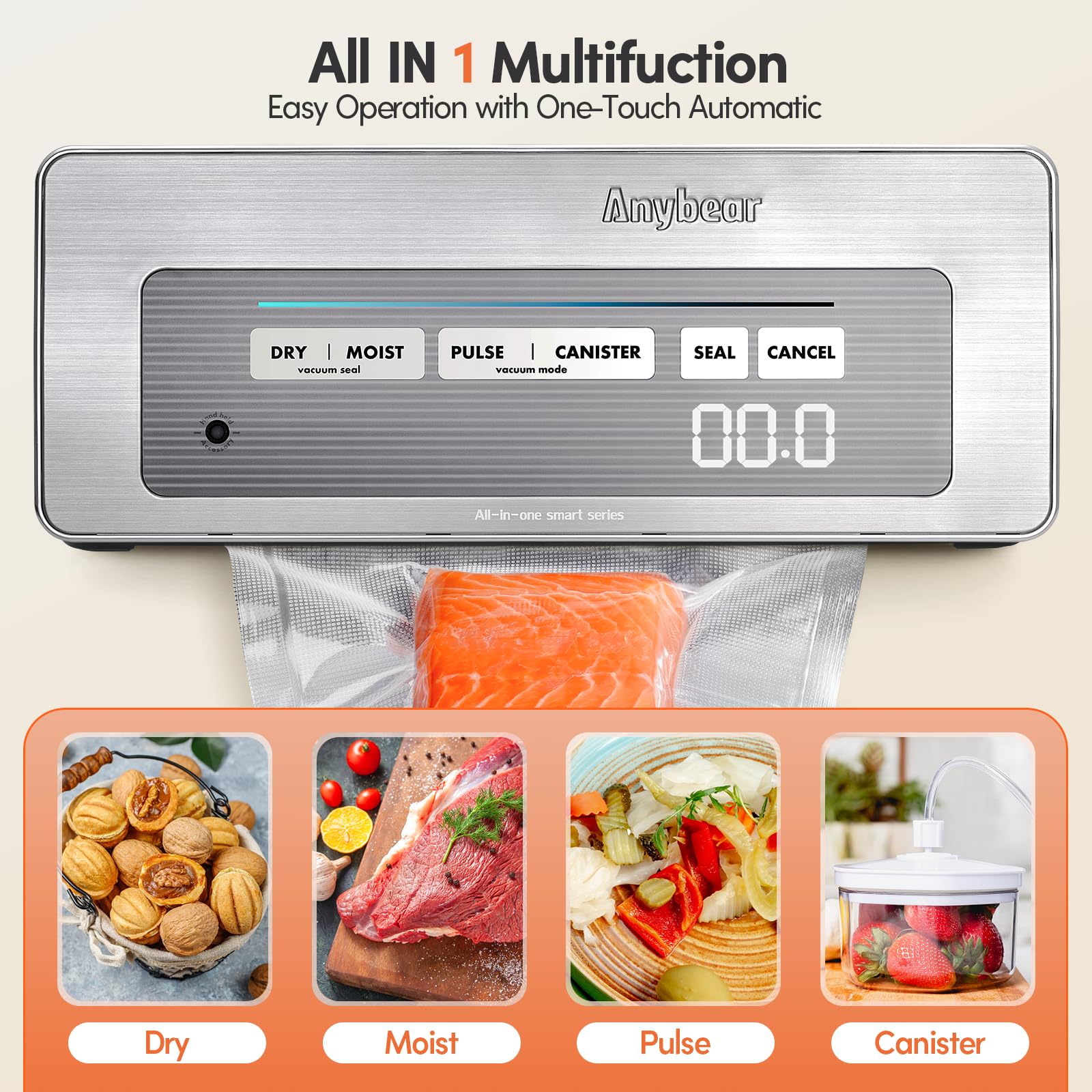 Vacuum Sealer Machine, Anybear Powerful 90kPa 120W Wide Seal Food Sealer with Bags Storage and Build-in Cutter | Digital Countdown Display | 2 Bag Rolls and 5pcs Pre-cut Bags (Sliver)