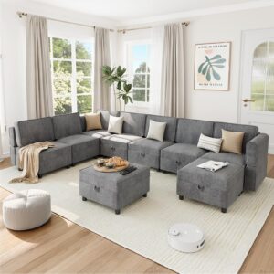 gaomon 139.4" chenille reversible sectional sofa, 9-seater modular sectional sofa, comfy sectional sleeper sofa couch with chaise, u-shape modular couch with storage seats & ottomans, grey