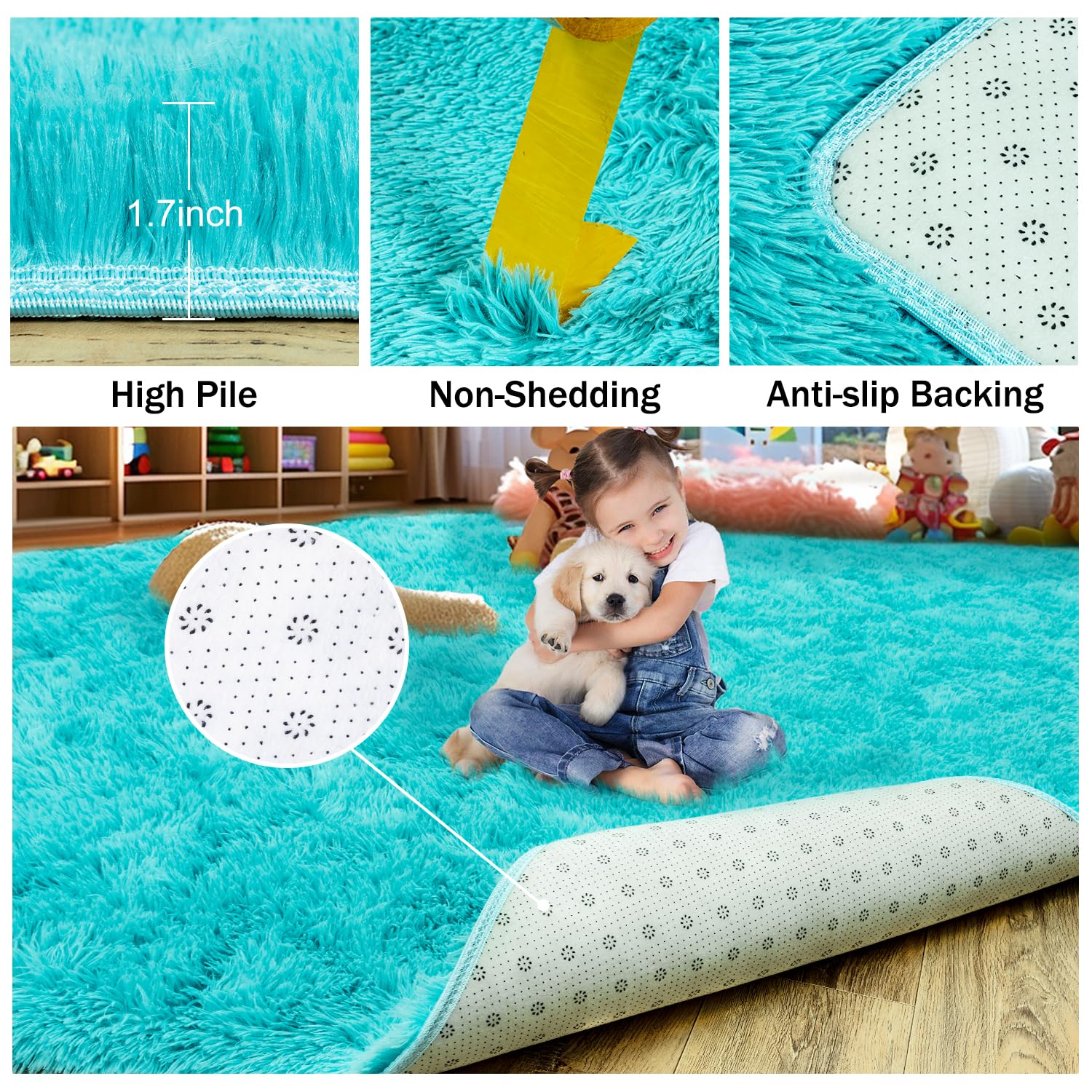 Super Soft Fluffy Rug for Living Room Bedroom, Modern Shaggy Rug Fuzzy Kids Rug for Living Room, Plush Indoor Nursery Classroom Home Decor Bedside Rug with Non-Slip Bottom, Teal Blue, 4 X 6 Feet