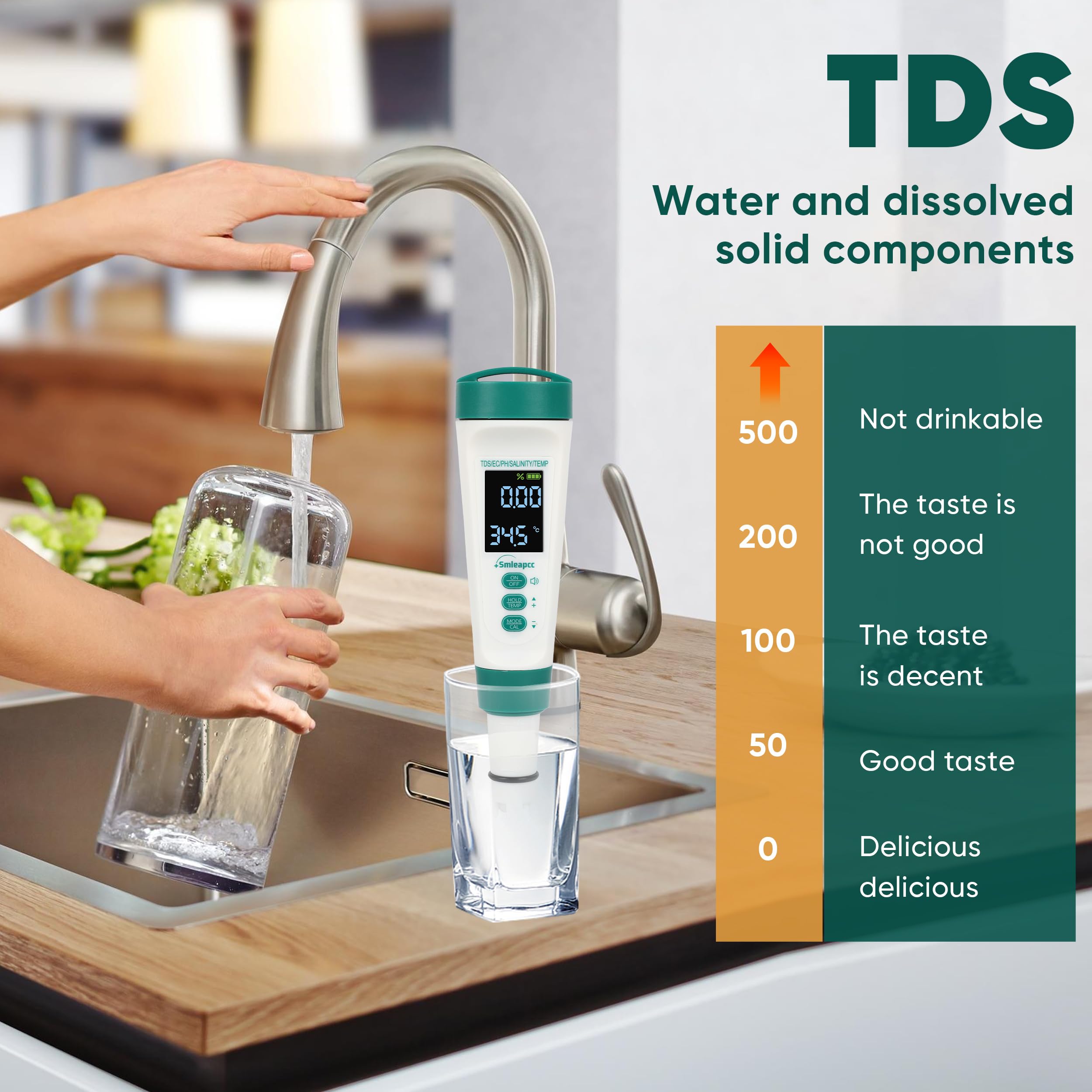 Smleapcc TDS Meter, 5 in 1 PH Meter,PH/TDS/EC/Salinity/Temp Meter for Water,High Accuracy Water Testing Kits for Drinking Water, Pools, Fish Tank, and Hydroponics，Rechargeable (White)