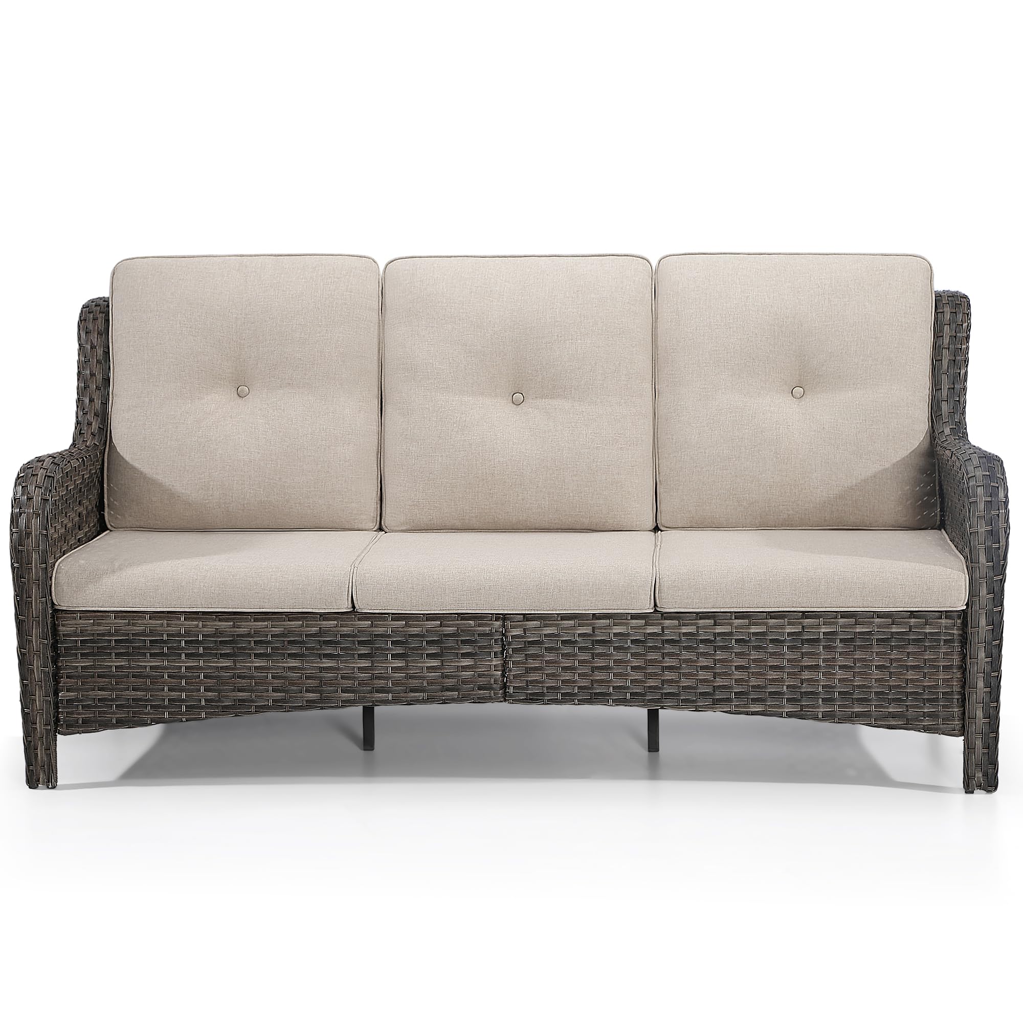 Gardenbee Outdoor Couch Wicker Patio Sofa - 3-Seat Patio Sofa with Deep Seating and Comfortable Cushions, Beige