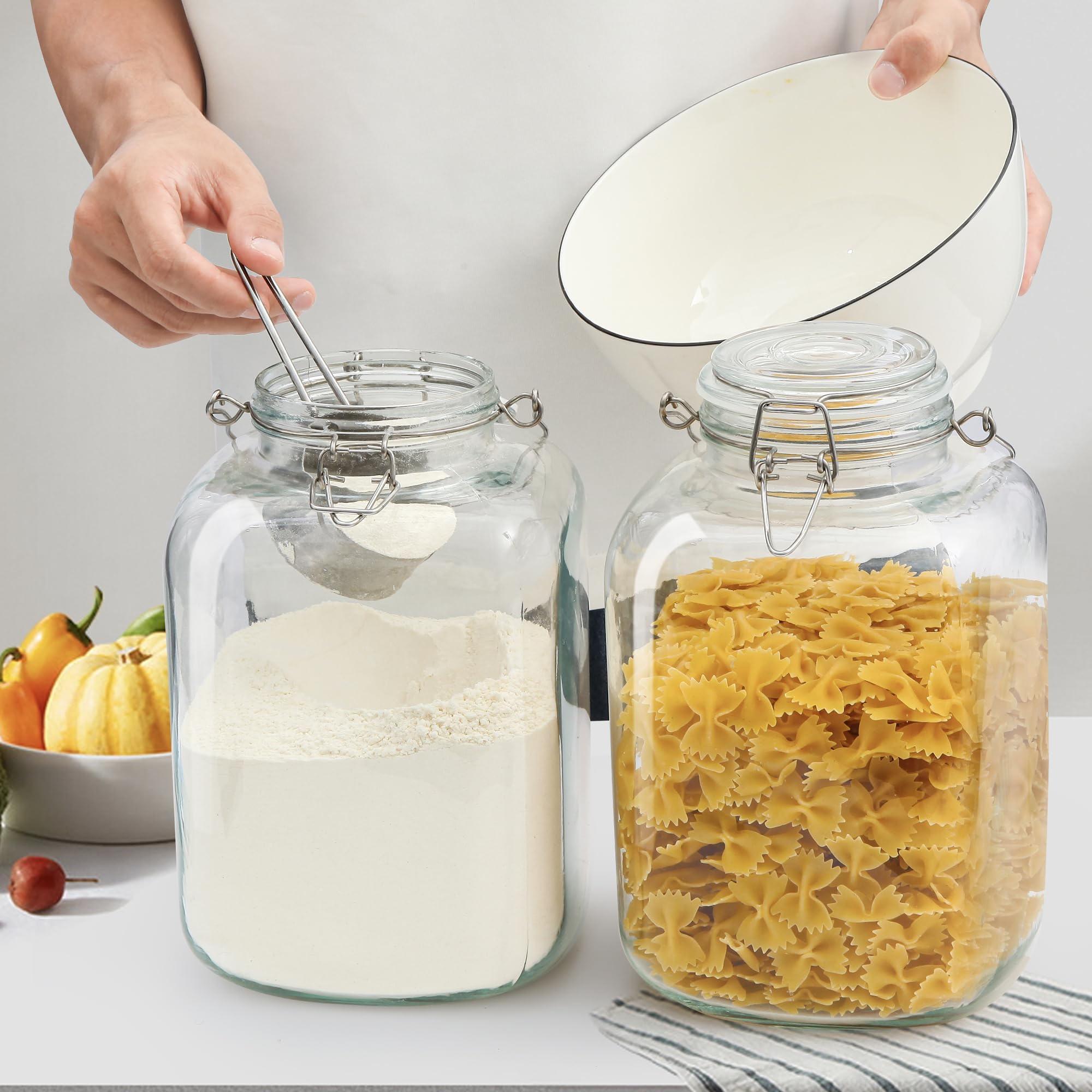 Glass Jars with Airtight Lid, 1 Gallon Food storage containers with Lids, Cereal Containers Storage, 2 Pack Large Kitchen Glass Containers for Flour, Cereal, Coffee, Rice, Pasta and Canning.