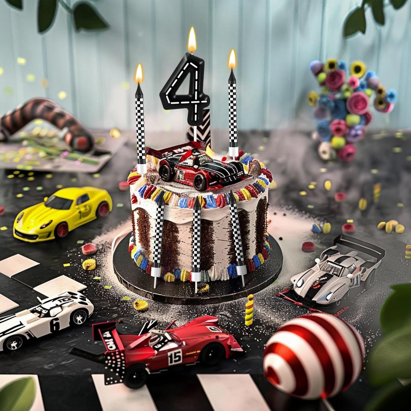 13 Pcs Racing Cars Themed Birthday Candles - 1 to 9 Number Candle & Black and White Checkered Candles, Truck Candle Cake Topper for Racing Car Party Baby Shower Party Decoration Supplies (Number 4)