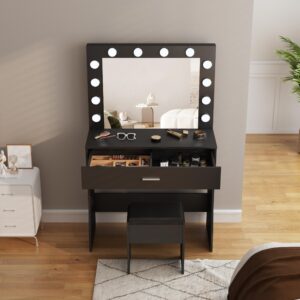 Vanity Desk with Mirror and Lights, Adjustable Brightness, Black Vanity Table Set with Storage Drawer,Makeup Vanity Set with Cushioned Chair