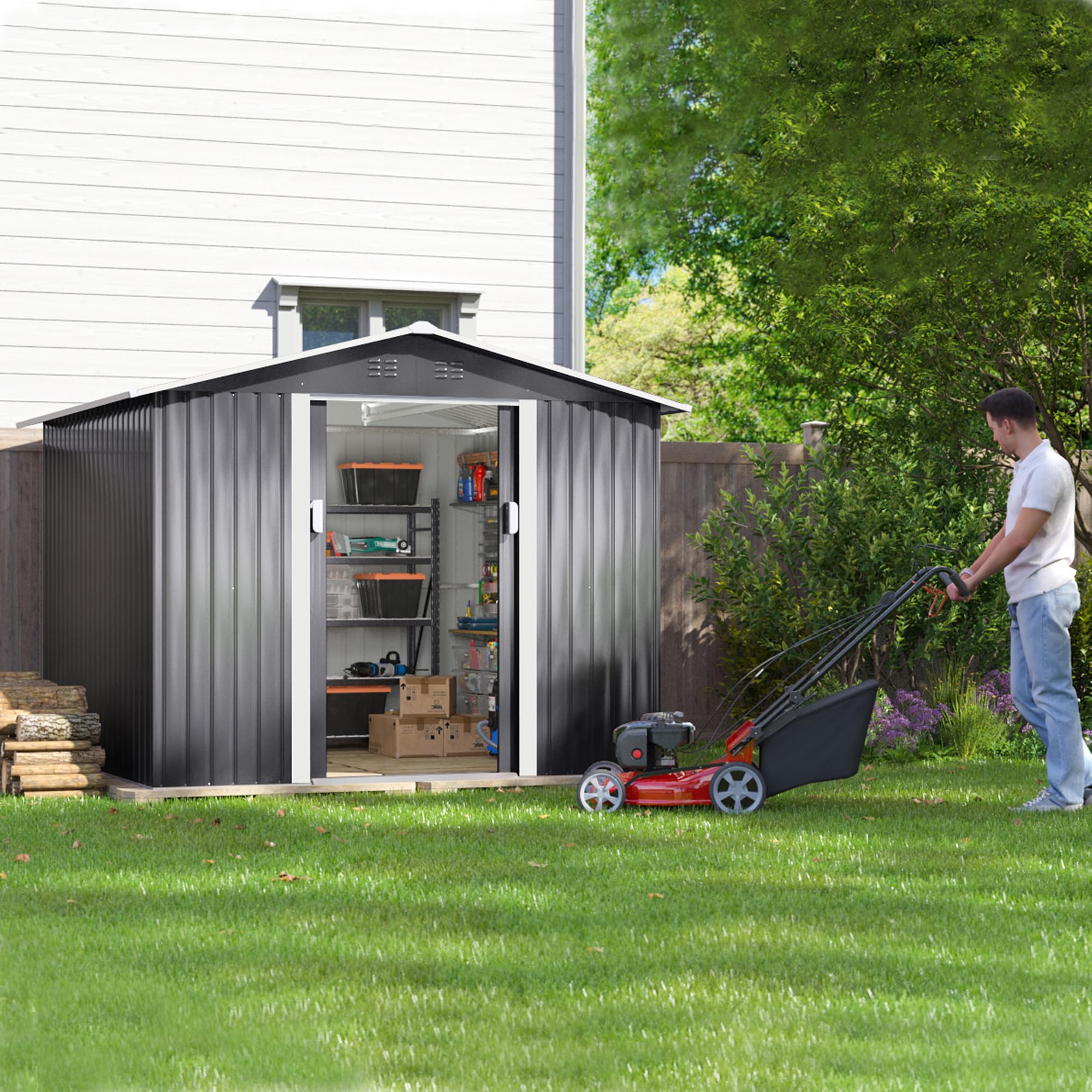 JAXPETY 8x8 FT Outdoor Storage Shed, Large Metal Shed & Outdoor Storage Garden Shed Tool with Lockable Sliding Doors and Air Vent for Backyard, Patio, Lawn