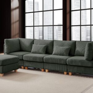 MYINDA U Shaped Sectional Couches for Living Room, 110 Inch Modular Sectional Sofa with Movable Ottoman, Corduroy Oversized Living Room Furniture Sets (Dark Green)