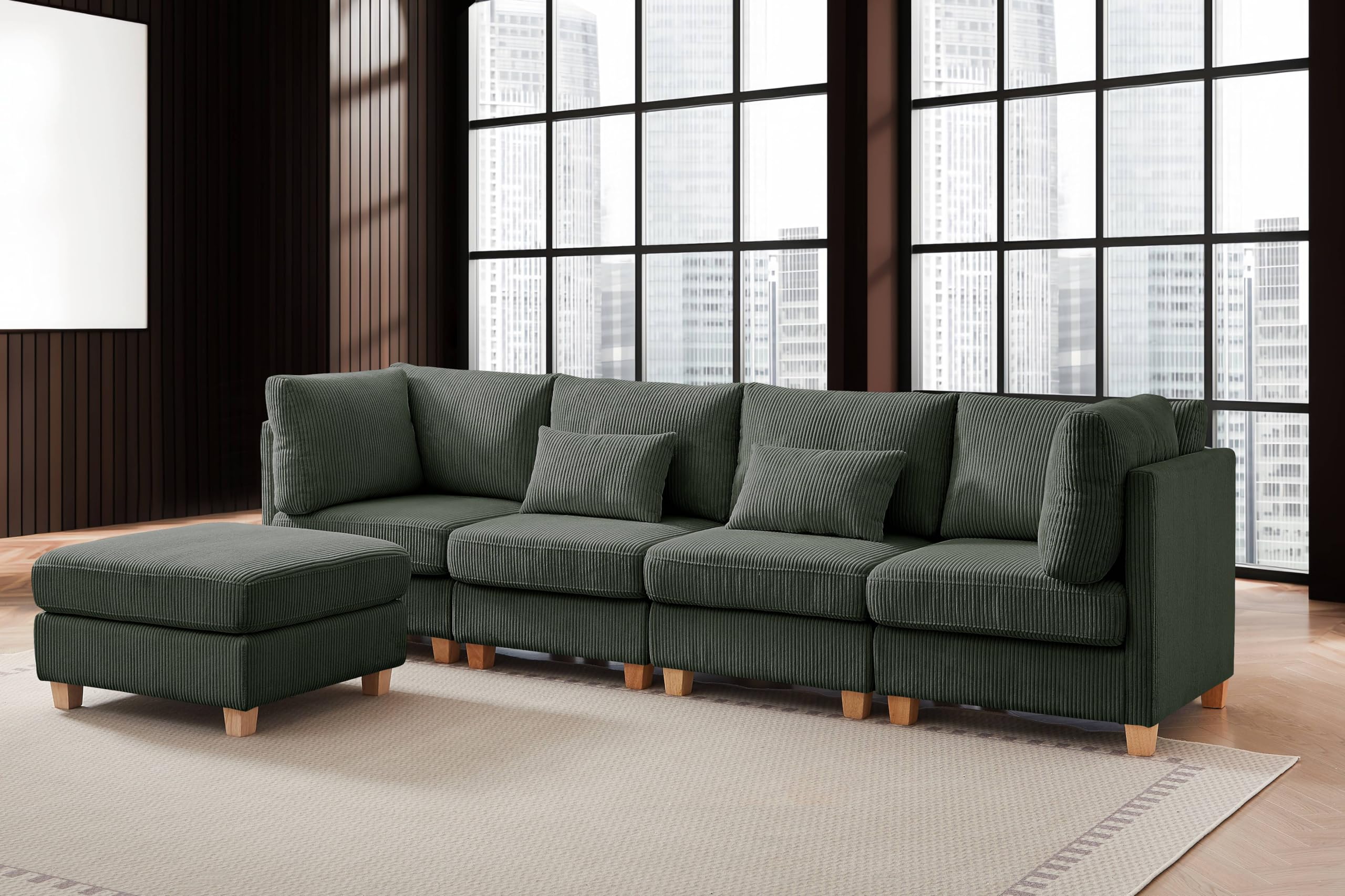 MYINDA U Shaped Sectional Couches for Living Room, 110 Inch Modular Sectional Sofa with Movable Ottoman, Corduroy Oversized Living Room Furniture Sets (Dark Green)