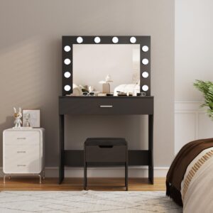 Vanity Desk with Mirror and Lights, Adjustable Brightness, Black Vanity Table Set with Storage Drawer,Makeup Vanity Set with Cushioned Chair