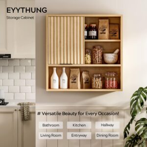 EYYTHUNG Fluted Wall Cabinet Bathroom, Modern Medicine Cabinet with Sliding Door Adjustable Shelf Wood Storage Cabinet Wall Mounted for Kitchen Dining Room Living Room, Natural Oak