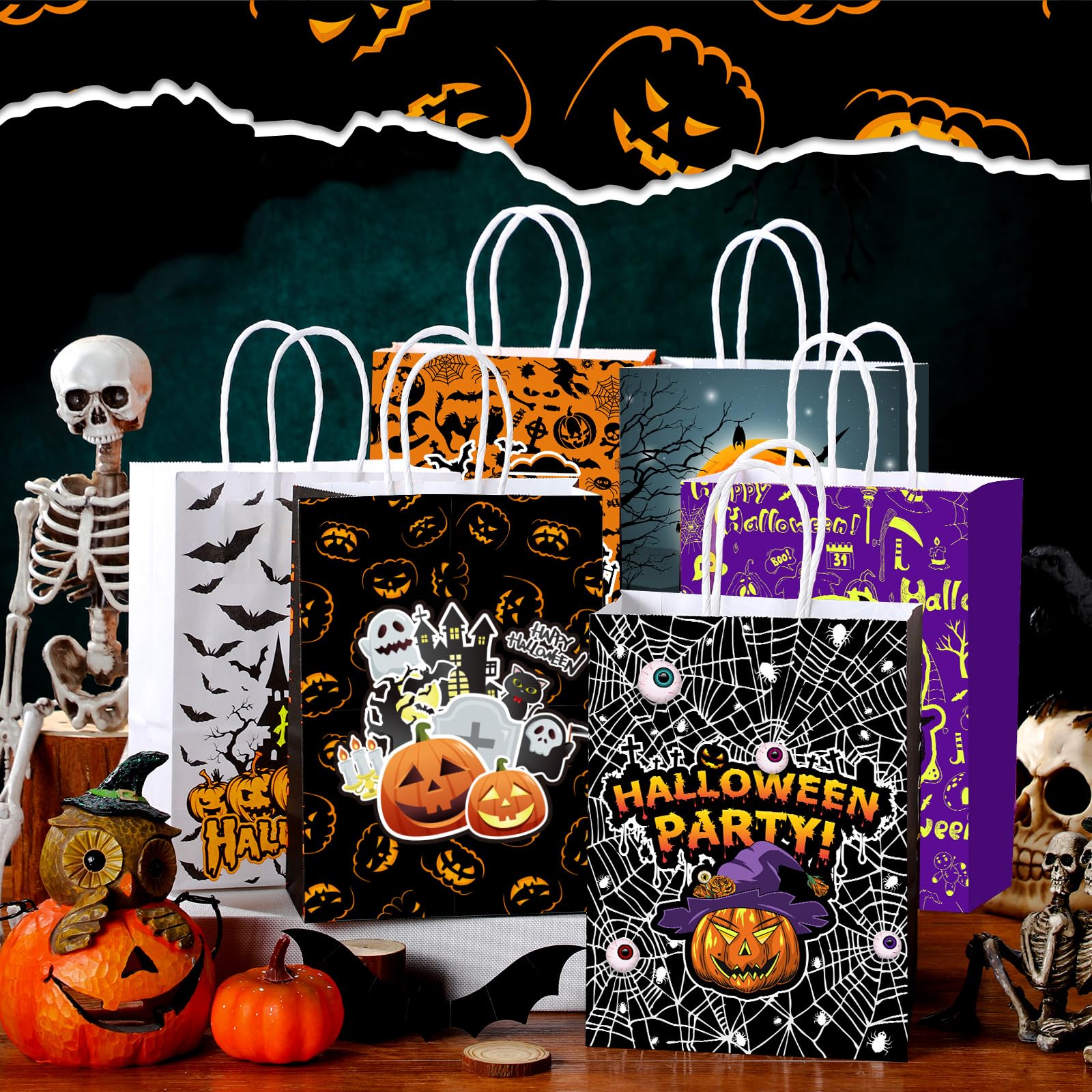 Sinload 24 Pcs Halloween Trick or Treat Bags with Handles Paper Candy Gift Bags Halloween Goodie Bags Halloween Paper Snacks Bags for Holiday Treats Kids Halloween Party Favors Supplies