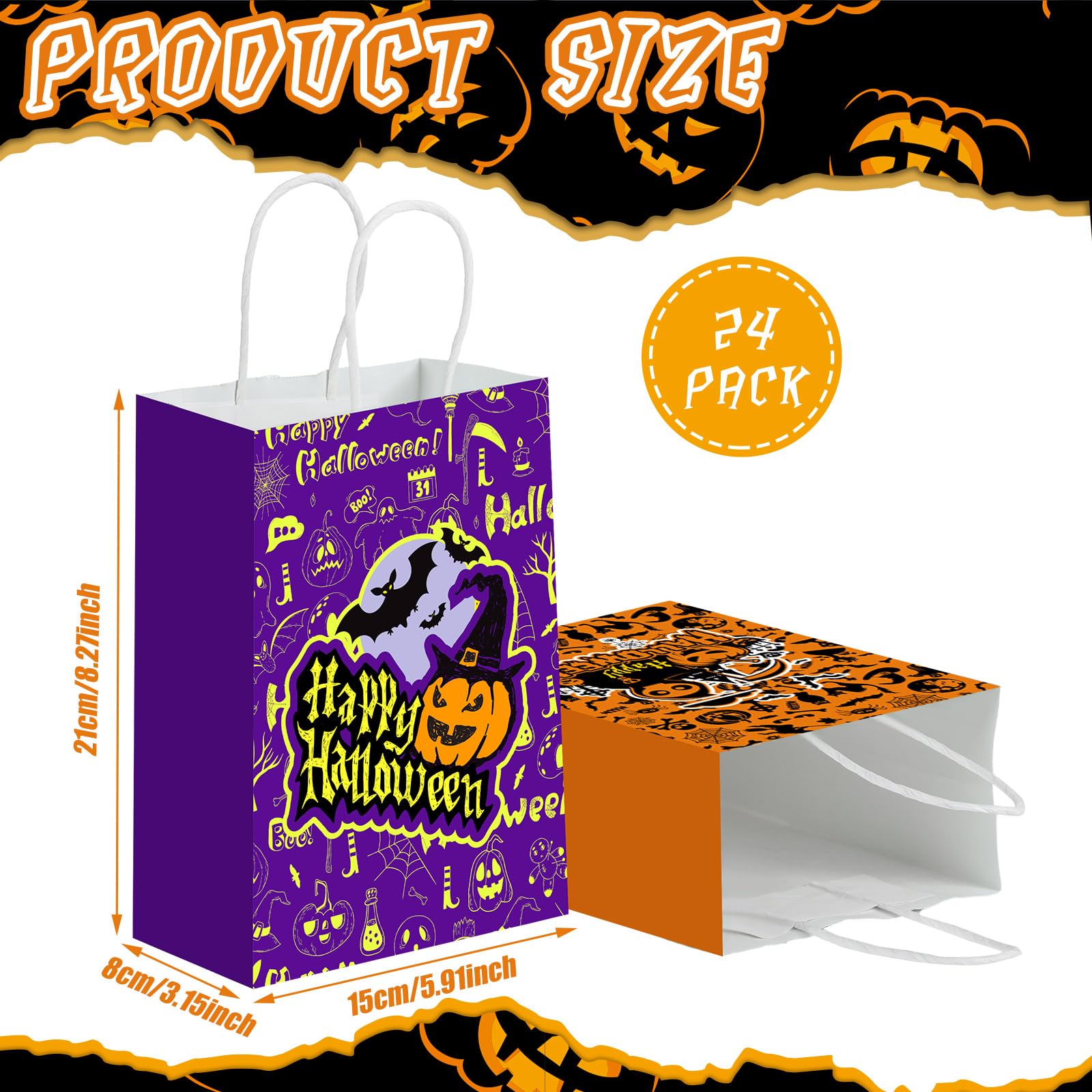 Sinload 24 Pcs Halloween Trick or Treat Bags with Handles Paper Candy Gift Bags Halloween Goodie Bags Halloween Paper Snacks Bags for Holiday Treats Kids Halloween Party Favors Supplies