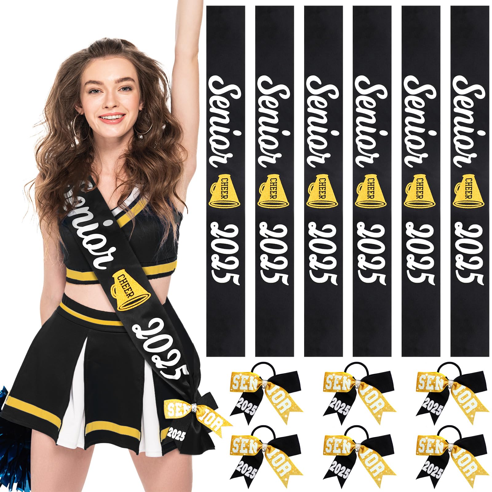 Vinsatin 6 Set Senior 2025 Sash Senior Cheer Sash with Glitter Cheer Hair Bows Senior Cheer Night Gifts for Sports Team(Black)