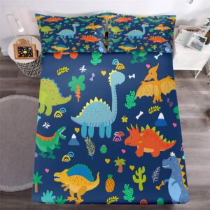 Dinosaur Sheet Set Twin - 3Pcs Boys Dinosaur Twin Size Bedding Set Blue Cartoon Dinosaur Bed Sheet with 1 Fitted Sheet & 1 Flat Sheet + 1 Pillowcase Toddler Bed Sheets for Boys Kids Bedroom Set