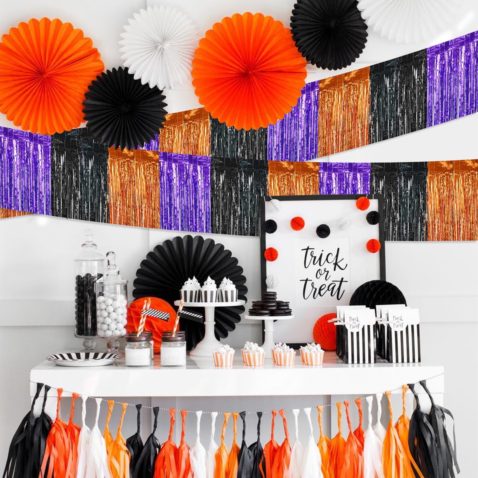 Ohiyoo 5 Pack 10 Feet Halloween Foil Fringe Garland Orange Black Purple Fringe Garland Metallic Tinsel Streamers Fringe Backdrop Banner for Halloween Parade Floats Halloween Party Decoration