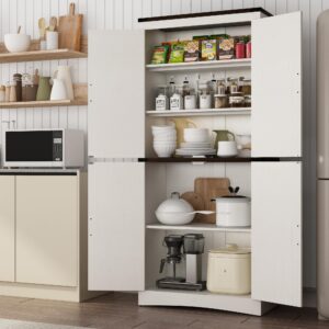 chartustriable 71in Farmhouse Kitchen Pantry Cabinet,Tall Storage Cabinet with 4 Doors and Adjustable shelves,with Load-Bearing Steel Pipe,Wood Storage Cabinets for Kitchen,Dining Room,Bathroom(White)