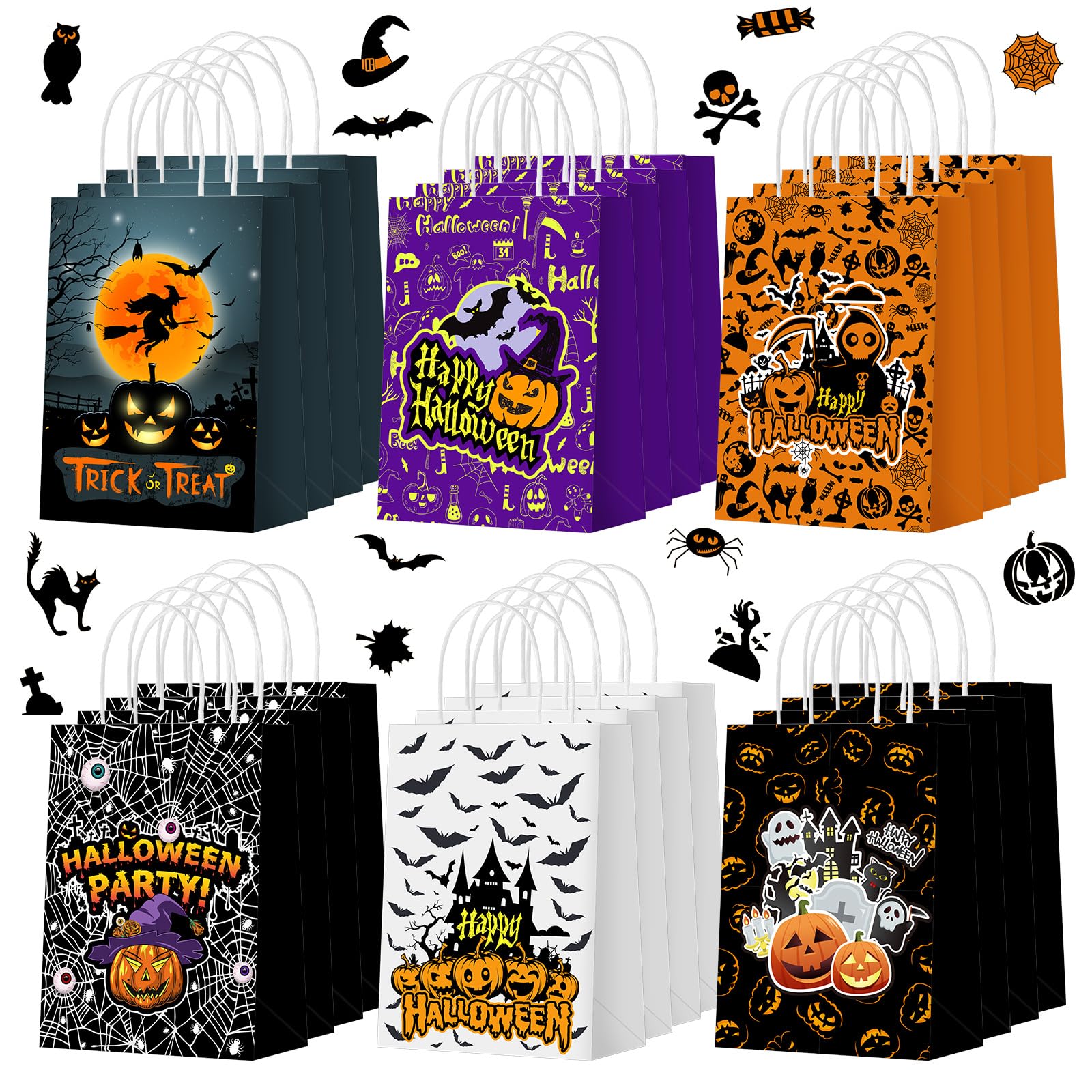 Sinload 24 Pcs Halloween Trick or Treat Bags with Handles Paper Candy Gift Bags Halloween Goodie Bags Halloween Paper Snacks Bags for Holiday Treats Kids Halloween Party Favors Supplies