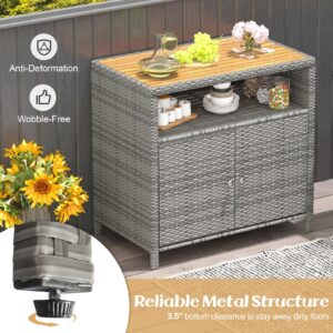 Tangkula Rattan Storage Cabinet, Outdoor Patiojoy Buffet Cabinet with Acacia Wood Countertop, Open Compartment & Enclosed Cabinet, 2-Door Wicker Sideboard, Storage Organizer for Poolside (Mix Grey)