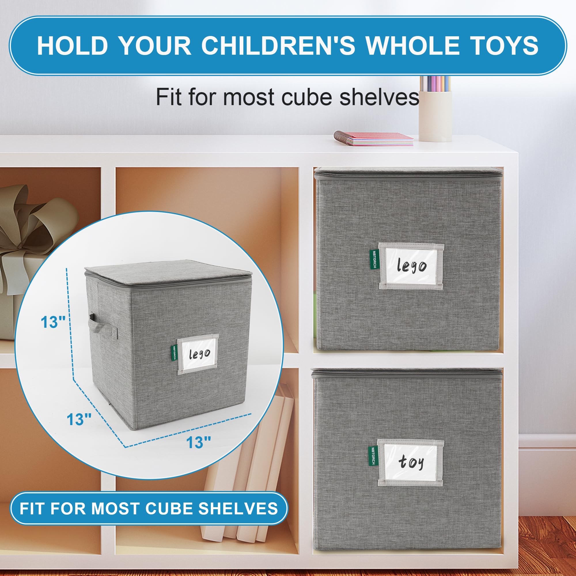 NBTORCH Toy Storage Organizer & Large Play Mat with 3 Seats for Kids - Storage Basket for Building Blocks - Collapsible Fabric Cube Bin 13"x13"x13"