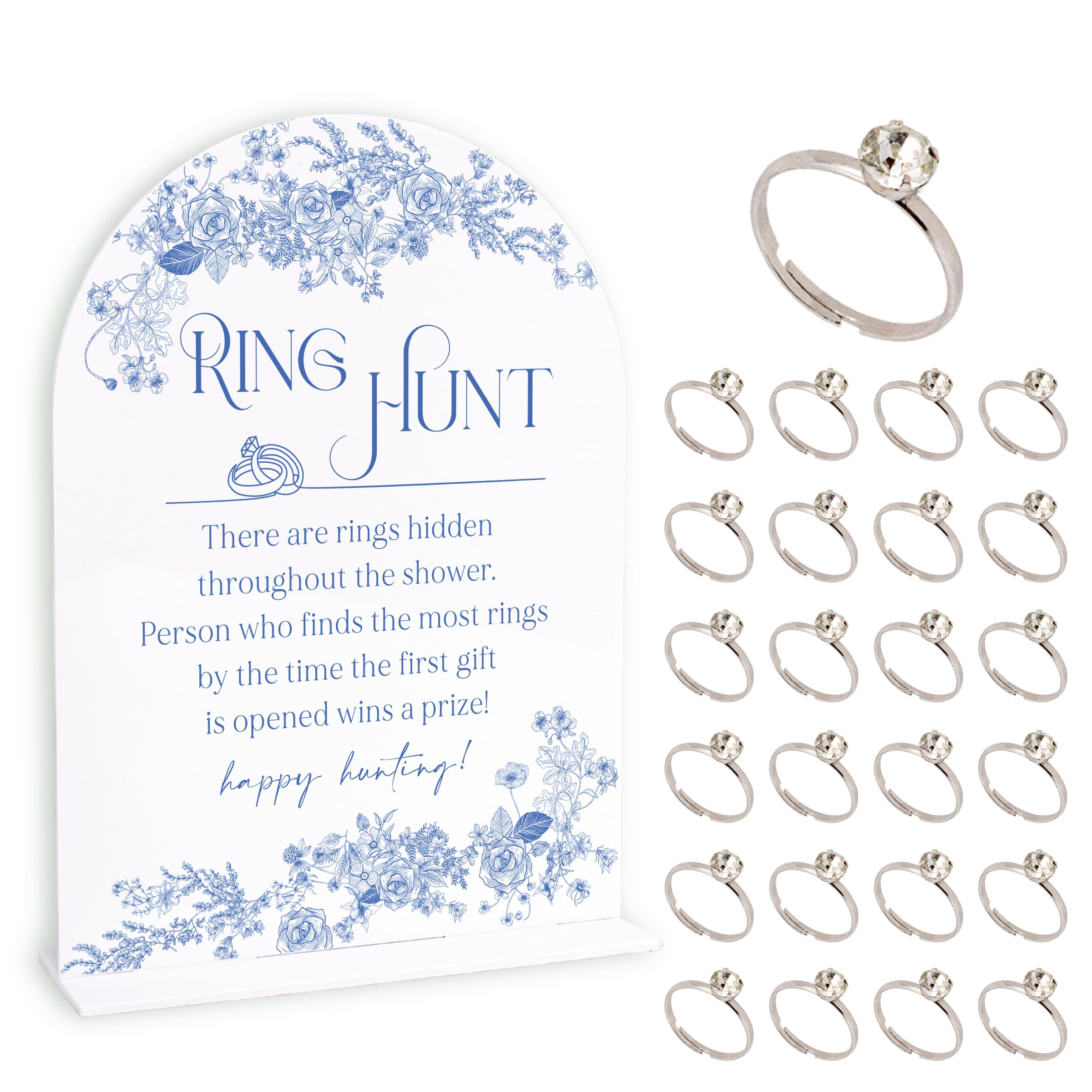 Blue Flower Bridal Shower Party Ring Scavenger Hunt, The Ring Hunt Game, 1 Sign & 30 Rings, Bridal Shower Decoration, Wedding Party Games(xzjz03)