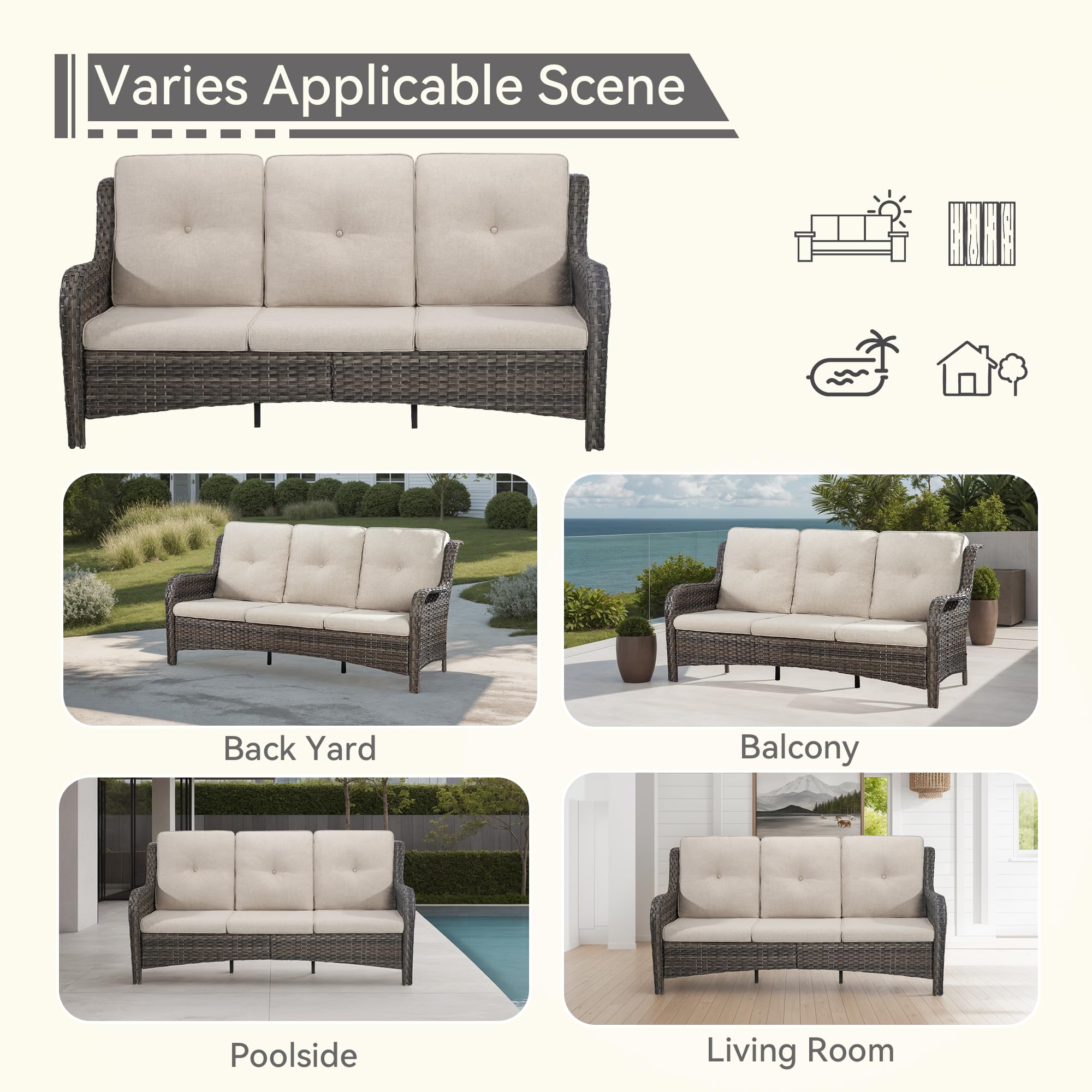 Gardenbee Outdoor Couch Wicker Patio Sofa - 3-Seat Patio Sofa with Deep Seating and Comfortable Cushions, Beige