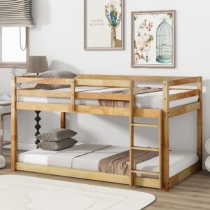 lukeehom bunk bed twin over twin, wood low profile floor twin bunk beds with ladder guardrails for kids boys and girls, no box spring needed