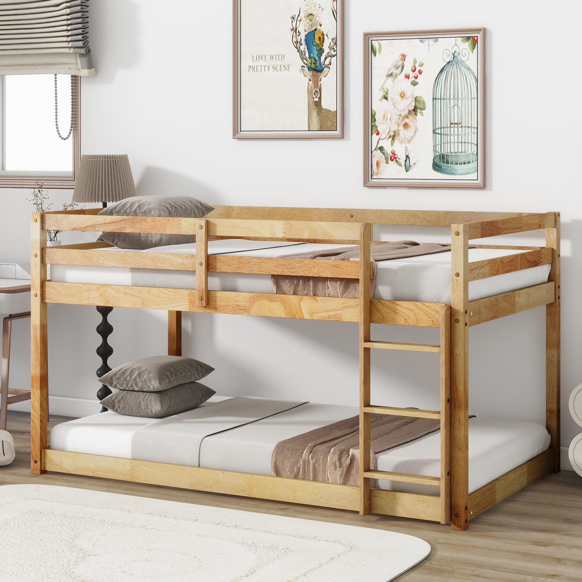 LUKEEHOM Bunk Bed Twin Over Twin, Wood Low Profile Floor Twin Bunk Beds with Ladder Guardrails for Kids Boys and Girls, No Box Spring Needed