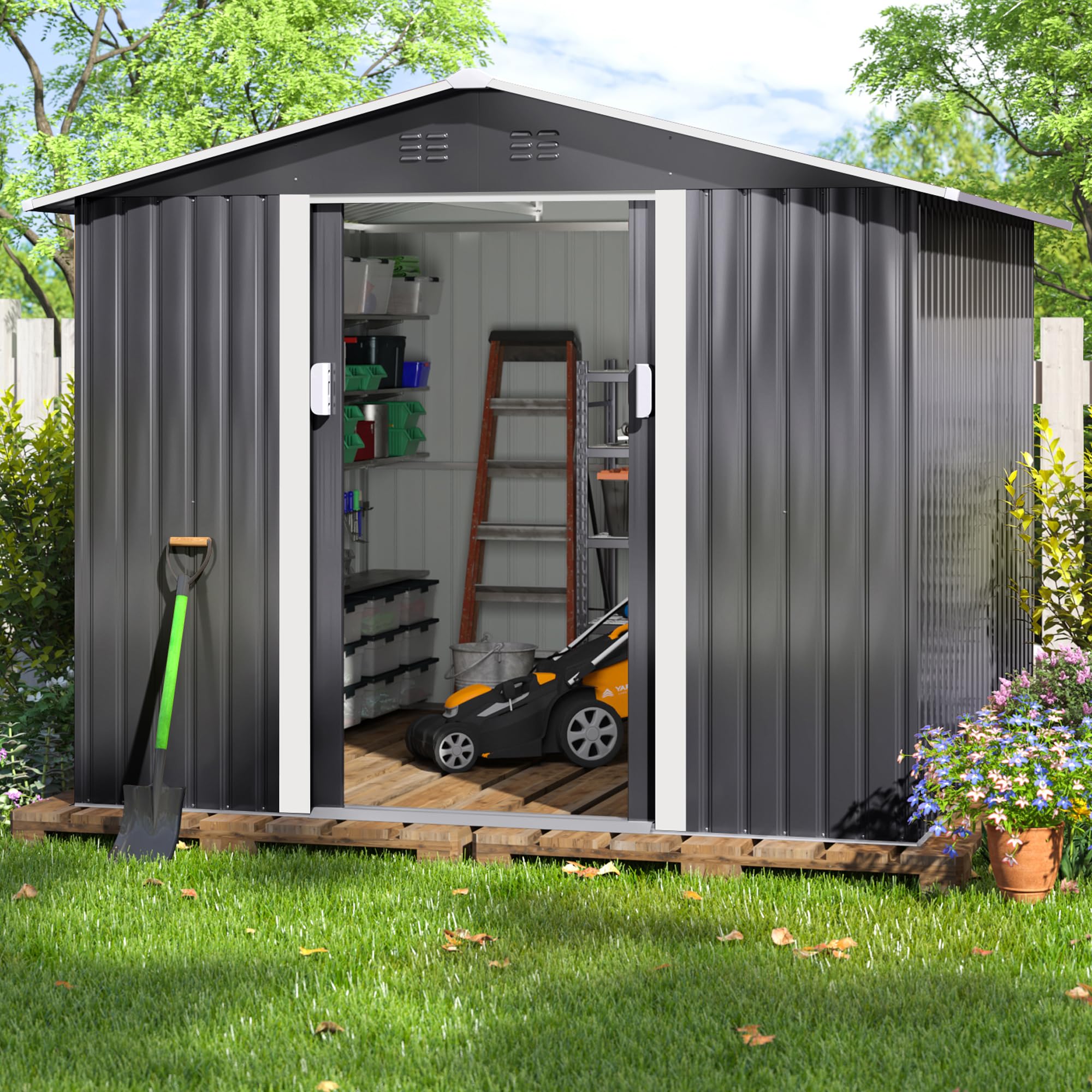 JAXPETY 8x8 FT Outdoor Storage Shed, Large Metal Shed & Outdoor Storage Garden Shed Tool with Lockable Sliding Doors and Air Vent for Backyard, Patio, Lawn