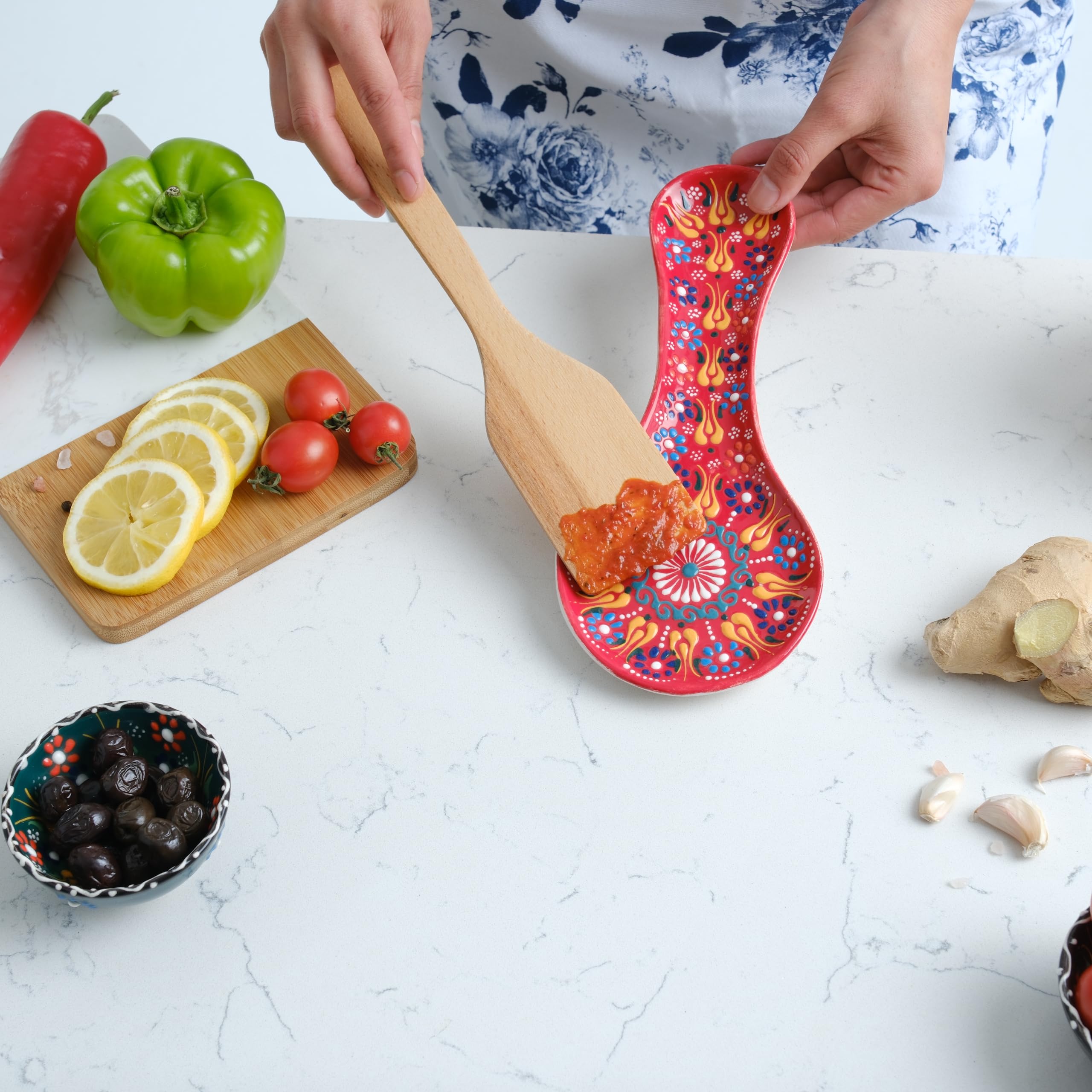 Handmade Spoon Rest, Ceramic Spoon Rest for Stove Top, 10" Spoon Rest for Kitchen Counter, Dishwasher Safe Spoon Holder for Stove, Housewarming Gifts Utensil Rest, Colorful Spoon Rests (Apple Red)