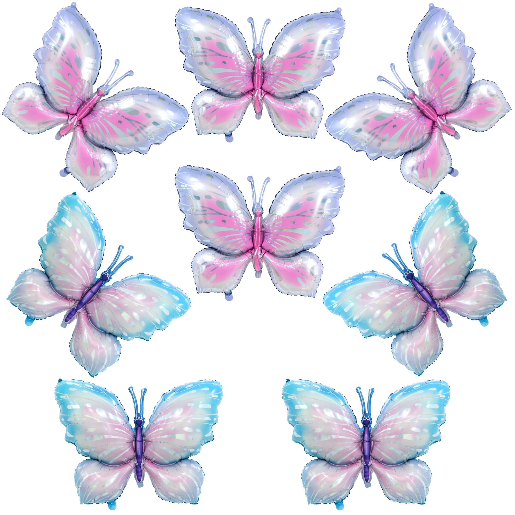 AEXHOT 8PCS Butterfly Balloons, Gradient Giant Butterfly Foil Mylar Balloon Butterfly Birthday Decorations for Butterfly Theme Birthday Party Wedding Supplies (Pink Purple, Blue)