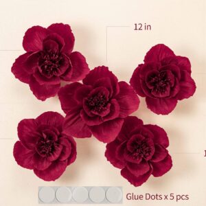 MEJOY 12" 3D Paper Flower Decoration for Party, Wedding Decoration, Background Wall, Nursery Room Decoration, Bridal Shower, Baby Shower(Burgundy, 5 Pcs)