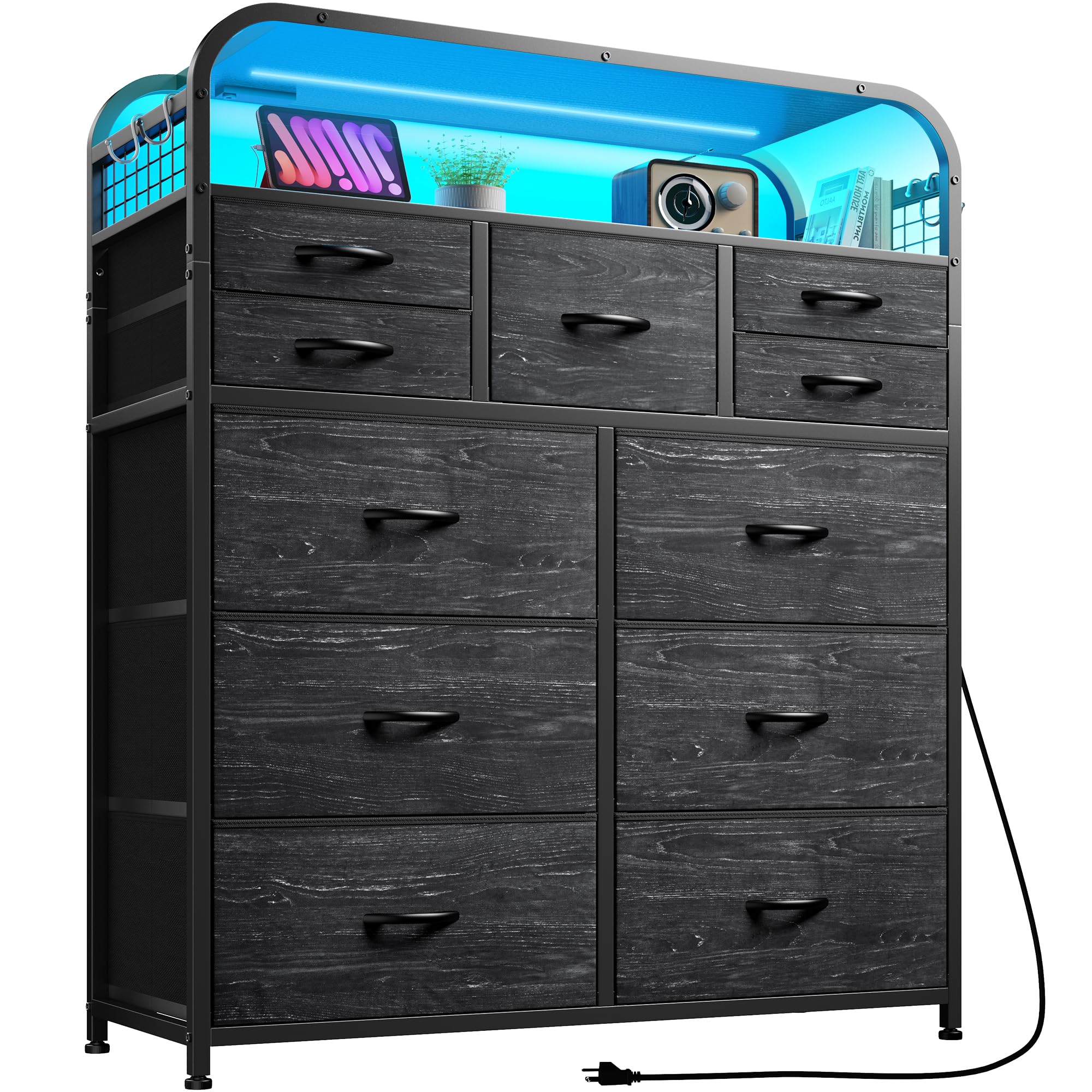 EnHomee Black Dresser with LED Lights & Charging Station, Dresser for Bedroom with 2 Tier Shelves & 4 Hooks, 11 Drawers Dresser, Closet, Living Room, Entryway,Sturdy Frame,Wooden Top