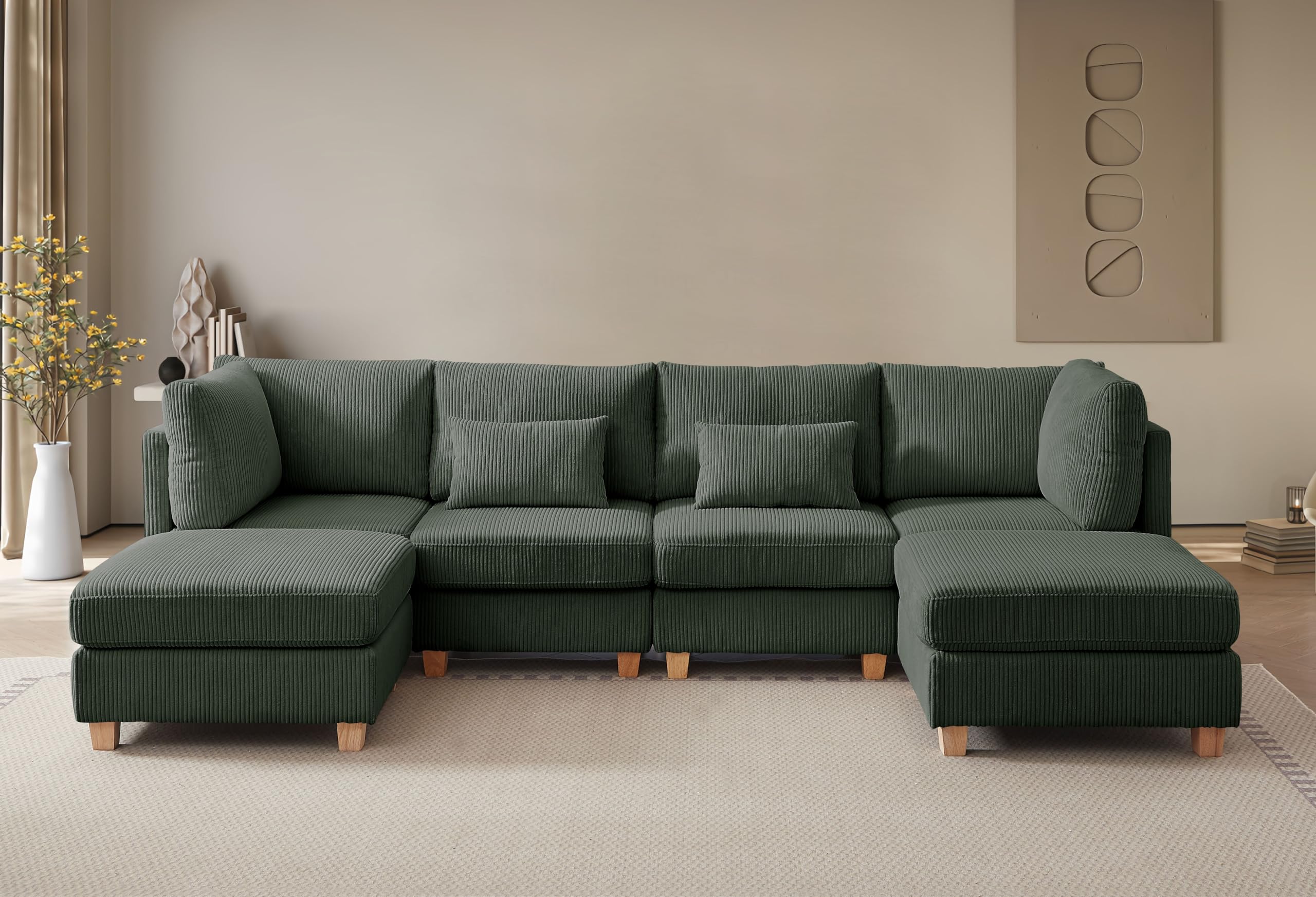 MYINDA U Shaped Sectional Couches for Living Room, 110 Inch Modular Sectional Sofa with Movable Ottoman, Corduroy Oversized Living Room Furniture Sets (Dark Green)