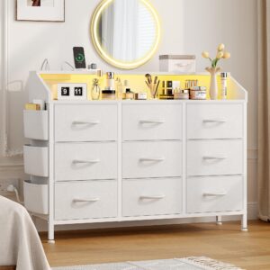 lulive white dresser for bedroom 9 drawers - fabric dressers for bedroom with led light & charging station - adults chest of drawers for living room hallway closet nursery (white)