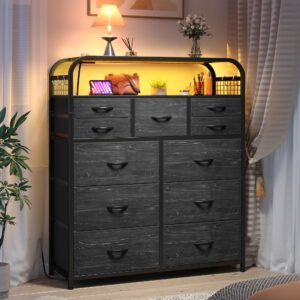 EnHomee Black Dresser with LED Lights & Charging Station, Dresser for Bedroom with 2 Tier Shelves & 4 Hooks, 11 Drawers Dresser, Closet, Living Room, Entryway,Sturdy Frame,Wooden Top