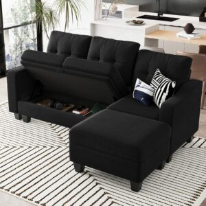 belffin velvet sectional couch with storage, l shaped sofa with chaise for small space, black