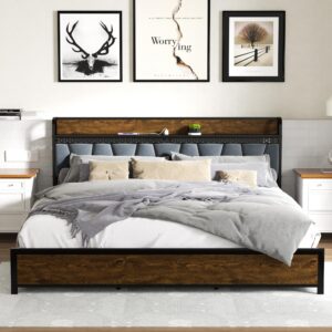 cxvx king size bed frame with storage headboard, metal platform bed frame with 4 storage drawers and charging station & led, metal support, noise-free, no box spring needed, easy to assemble