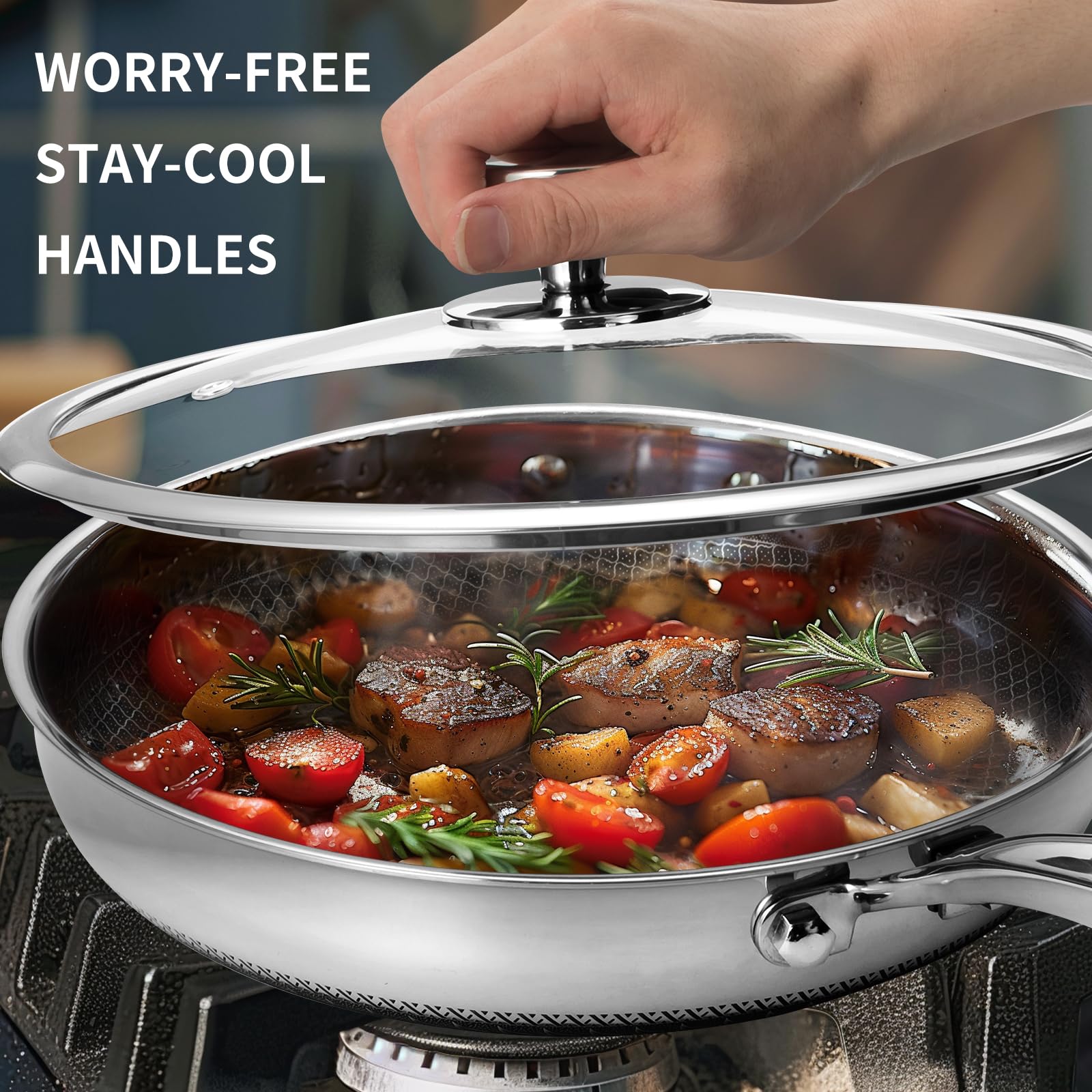 Nonstick Frying Pan 12 Inch with Tempered Glass Lid, Skillet with Stay-Cool Handle & Slotted Spatula Turner & Serving Tong, Dishwasher and Oven Safe, Induction Ready, Suitable for All Stoves