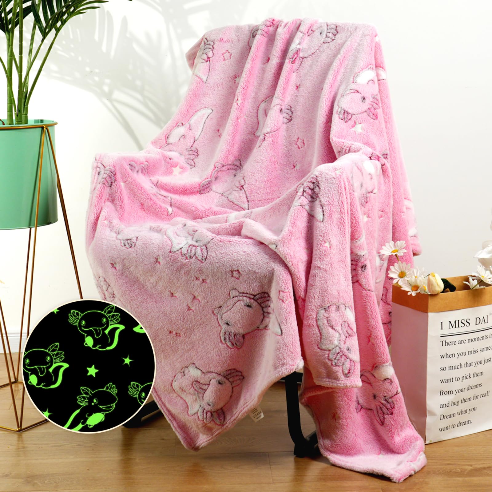 Axolotl Blanket Glow in The Dark Soft Blanket Salamander Pink Throw Axolotl Gifts Toys Room Decor Cute Cozy Pink Kids Blanket Throw for Girls Teen (Axolotl, 40"X60")