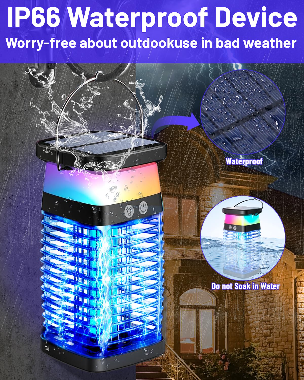 Solar Bug Zapper Outdoor Indoor, 3 in 1 Portable Electric Mosquito Zapper, Waterproof Plug in with RGB Light & Reading Lamp, Rechargeable Fly Zapper Insect Trap for Patio Camping Home Backyard