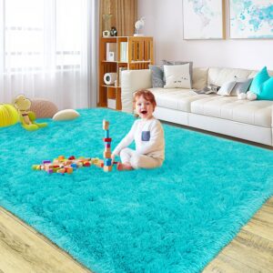 Super Soft Fluffy Rug for Living Room Bedroom, Modern Shaggy Rug Fuzzy Kids Rug for Living Room, Plush Indoor Nursery Classroom Home Decor Bedside Rug with Non-Slip Bottom, Teal Blue, 4 X 6 Feet